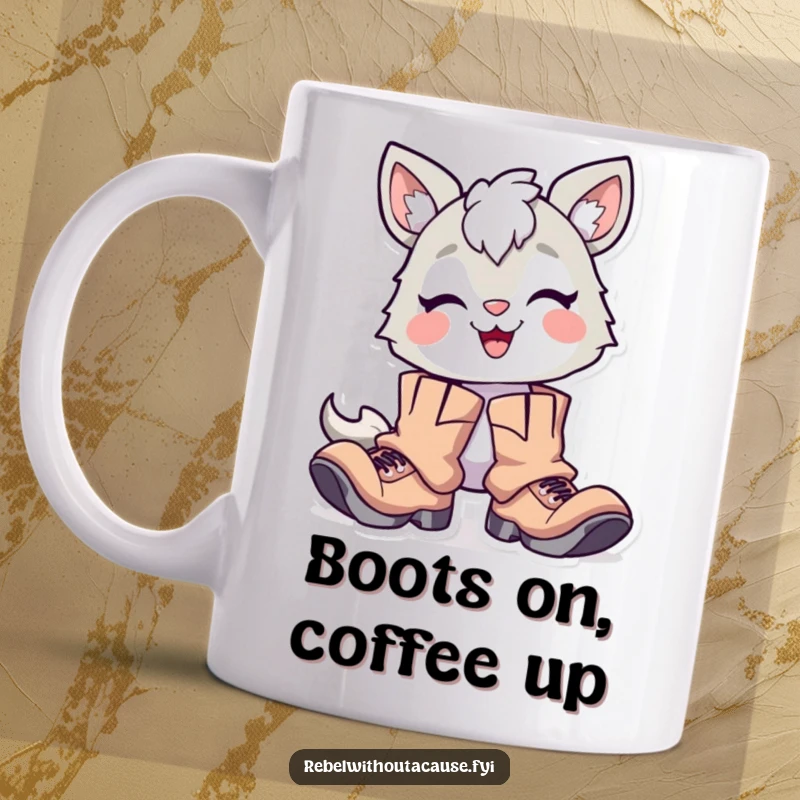 Funny Mug: Delighted Animal Character with Proud Smirk, Wearing Oversized Tattered Boots, Symbolizing Adventure and Humor.