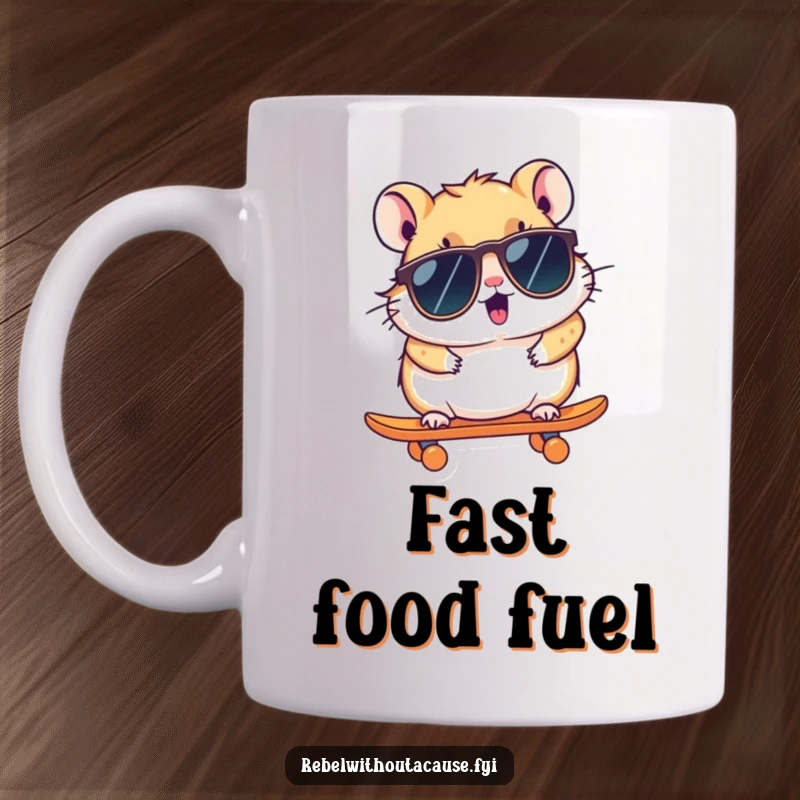 Funny Hamster Mug: A kawaii hamster wearing cool sunglasses zooms on a tiny skateboard, exuding effortless coolness and fun.