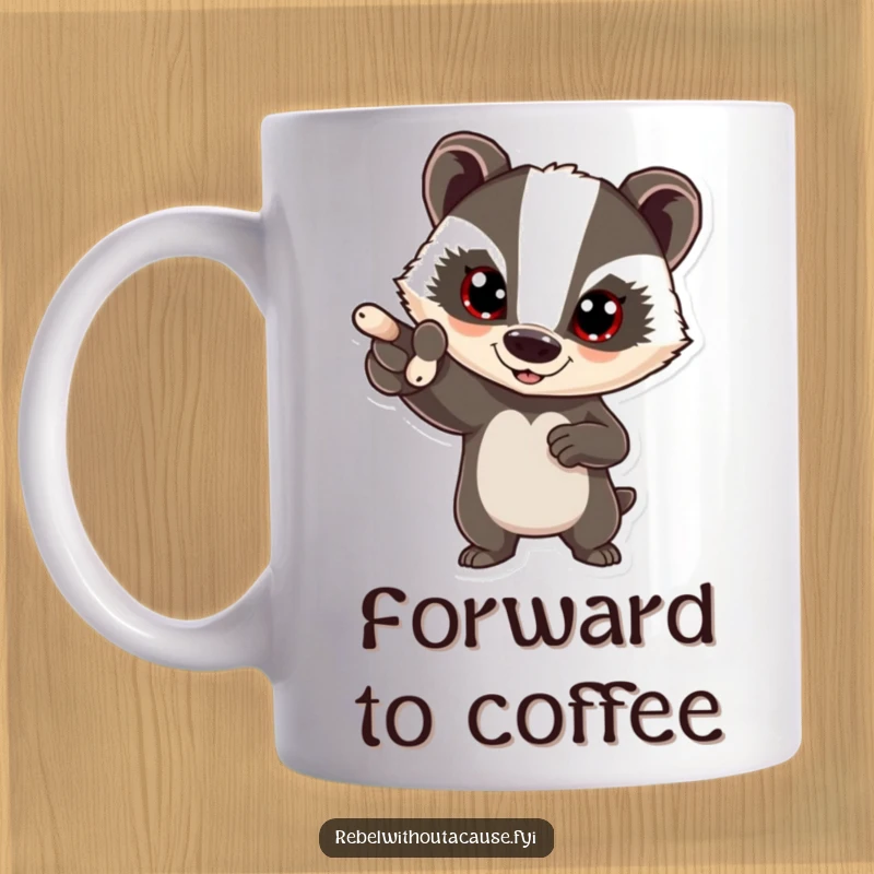 Funny bold badger mug featuring a determined badger pointing forward with a resolute expression, radiating leadership and humor.