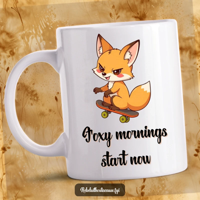 Funny fox mug of a cheeky fox skateboarding backwards with a defiant grin, embodying a playful and rebellious spirit, a funny gift.