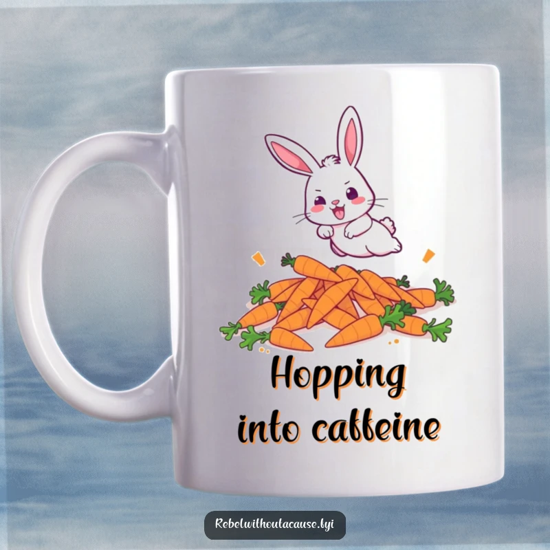 Funny mug featuring a bold bunny aggressively hopping over discarded carrots, symbolizing relentless pursuit and humorous determination.