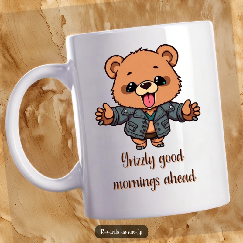 Funny bear cub mug with ripped leather jacket, sticking tongue out playfully, embodying a rebellious and cute spirit for a hilarious gift.