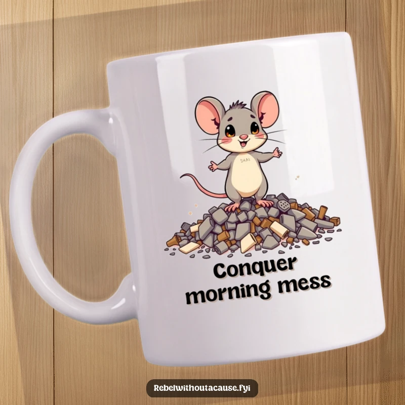 Funny brave mouse mug featuring a small mouse standing proudly atop scattered debris, embodying courage and resilience with humor.