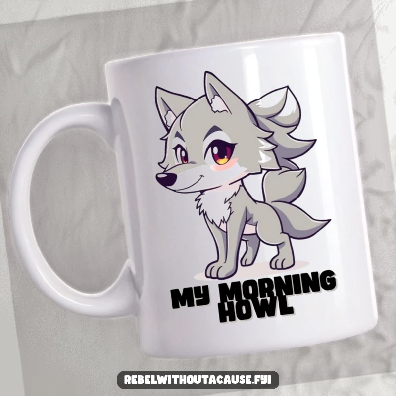 Funny mug featuring a spirited wolf character standing confidently with its tail held high, exuding wild energy.