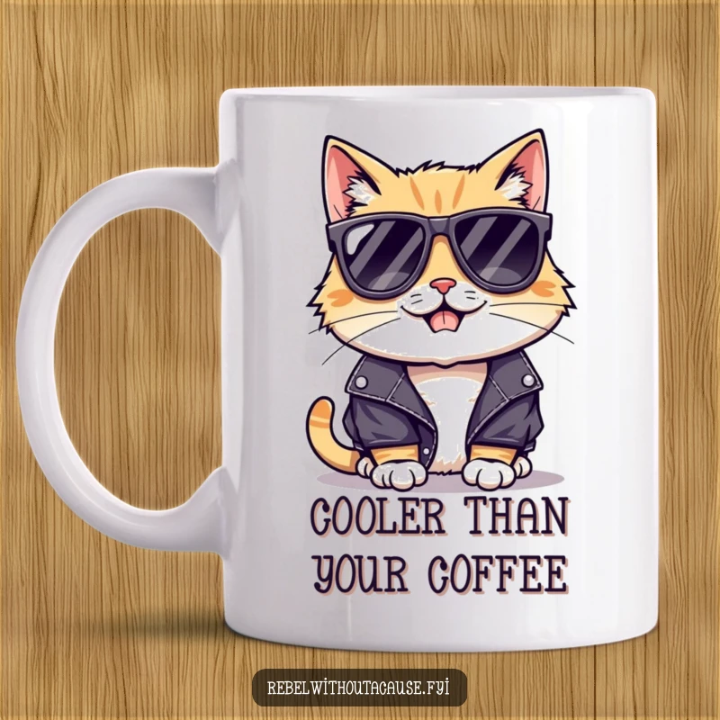 Funny mug featuring a cool cat in sunglasses and a leather jacket, exuding a mischievous grin and rockstar vibes.
