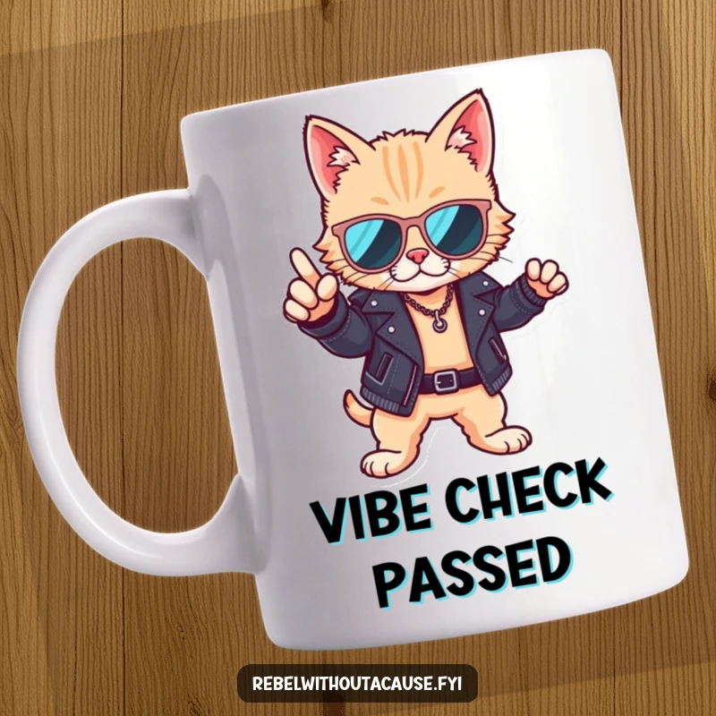 Funny mug featuring a cool cat wearing sunglasses and a leather jacket, posing confidently with a suave and stylish demeanor.