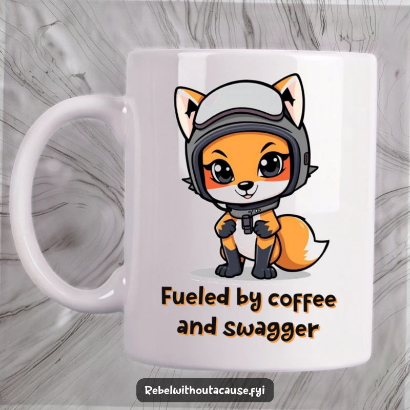 Funny fox mug featuring a cool fox in a motorcycle helmet, exuding confidence and a love for the ride.