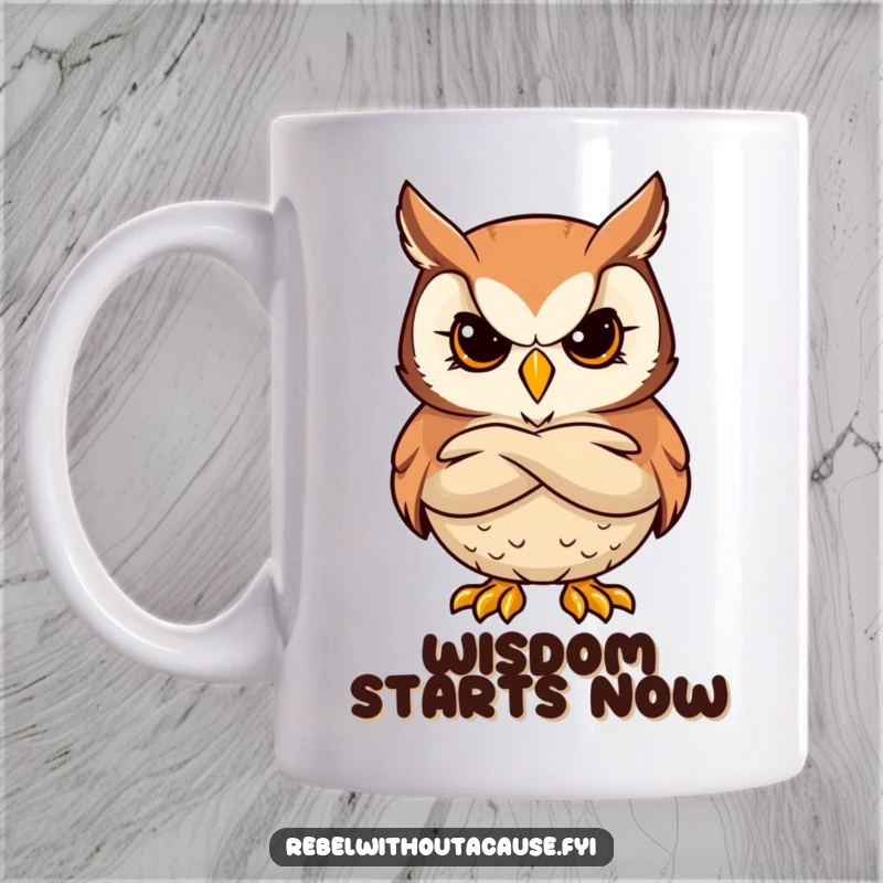 Funny mug featuring a bold owl character with a stern, cool expression, arms crossed confidently.