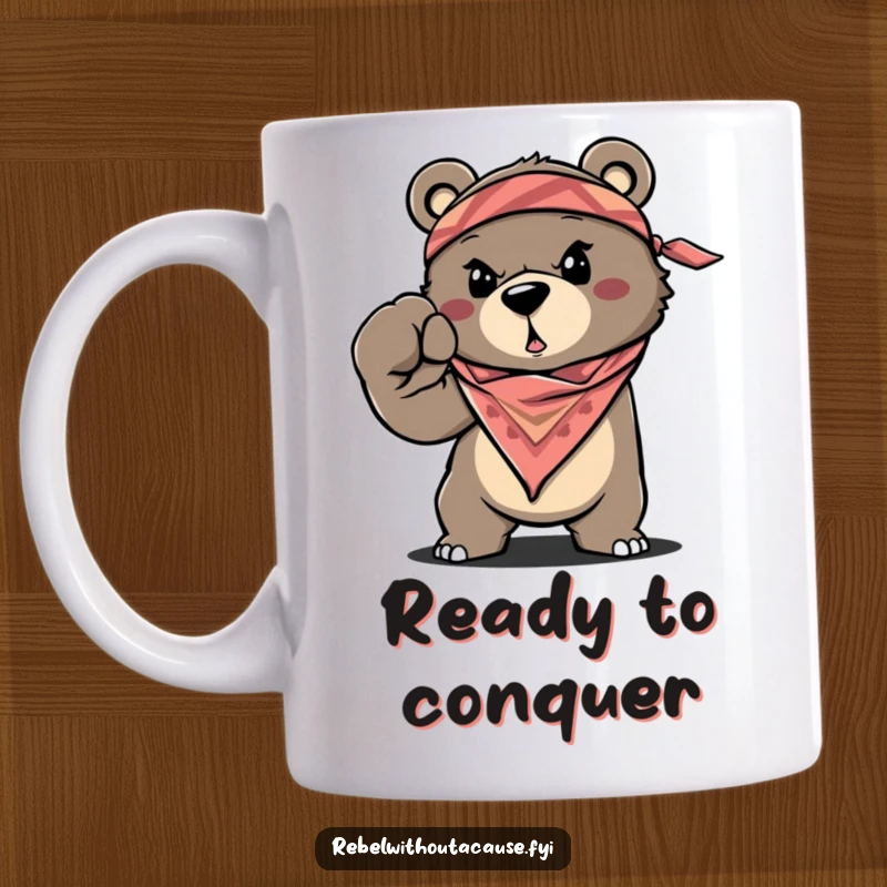 Funny Determination Bear Mug, a strong bear wearing a bandana, throwing a powerful fist, great funny gift.