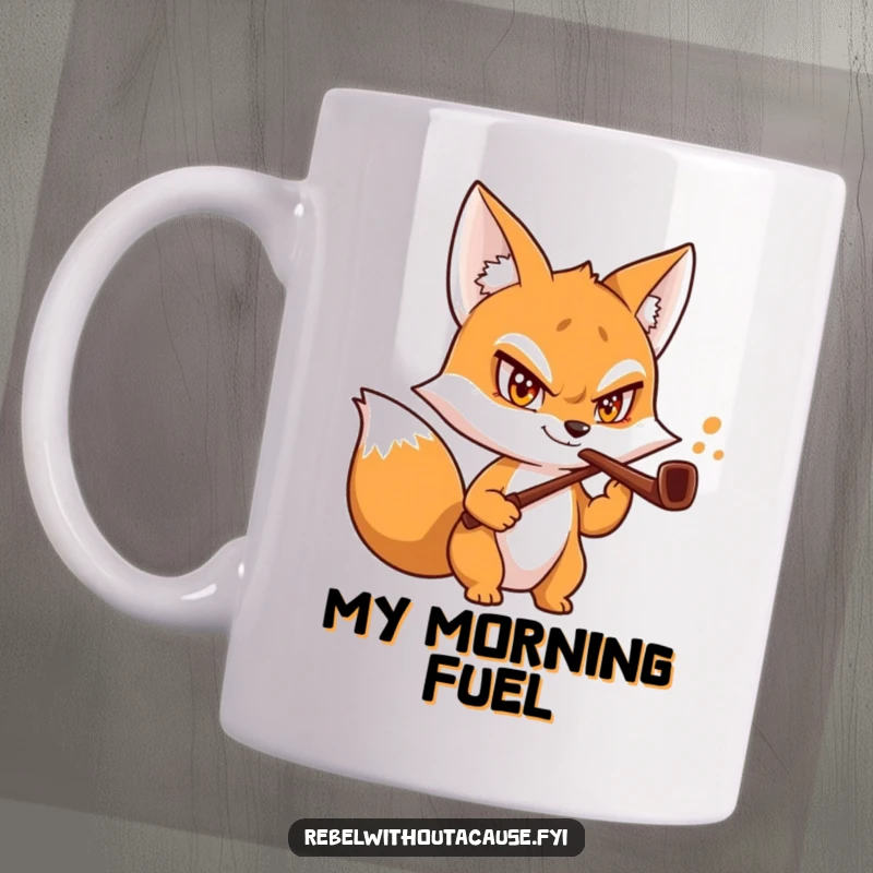 Funny Fox Butler Mug featuring a mischievous fox with a daring grin, holding a bent pipe, ready to serve your morning brew.