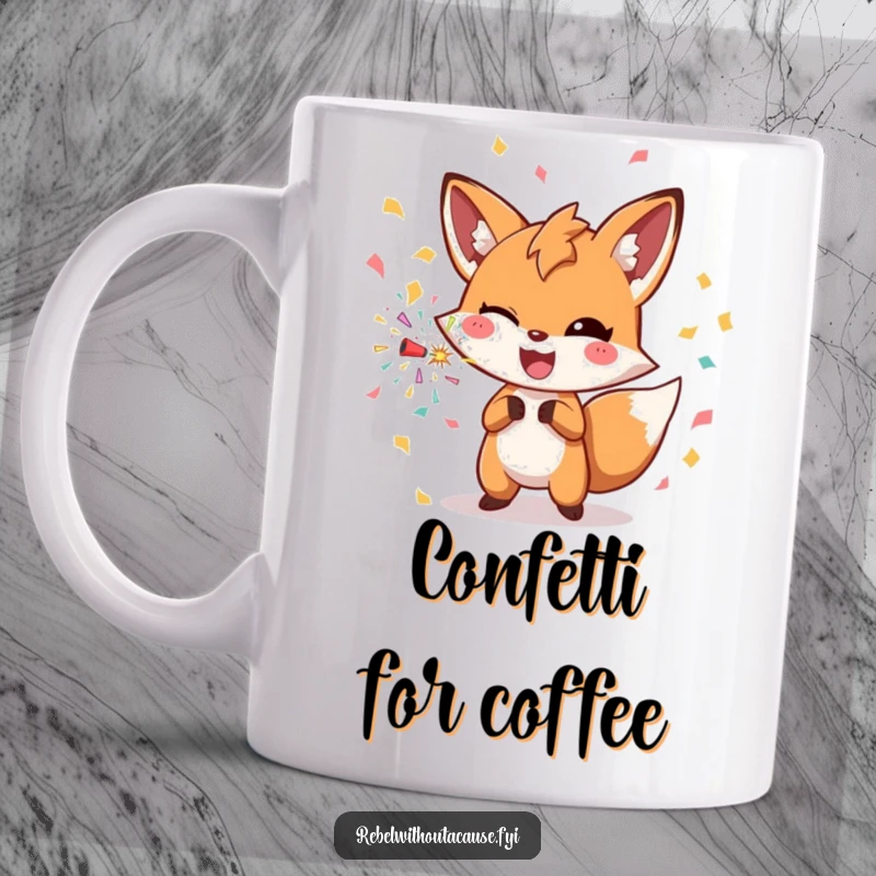 Funny winking fox character joyfully throwing a confetti bomb on a coffee mug, embodying festive fun.