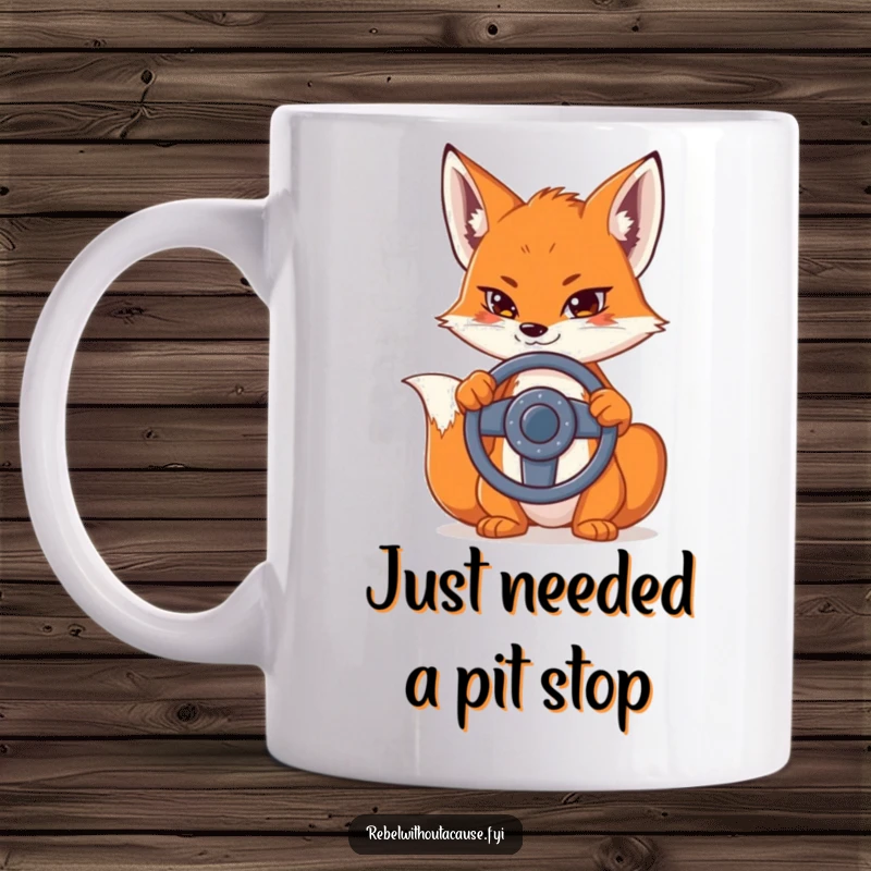 Funny mug featuring a sly fox with a sideways smirk, casually holding a detached steering wheel, perfect for car enthusiasts.