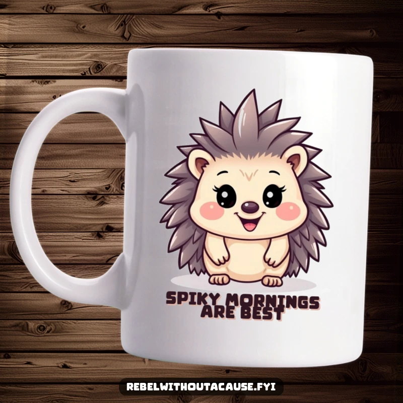 Funny hedgehog with a tiny mohawk and proud grin on a coffee mug, exuding punk rock charm.
