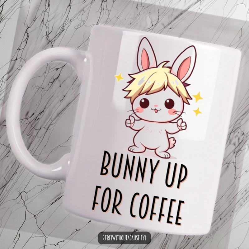 Funny Kawaii Bunny Mug featuring a punk rocker bunny with a wild hairstyle, striking a dynamic 'rock on' pose with attitude.