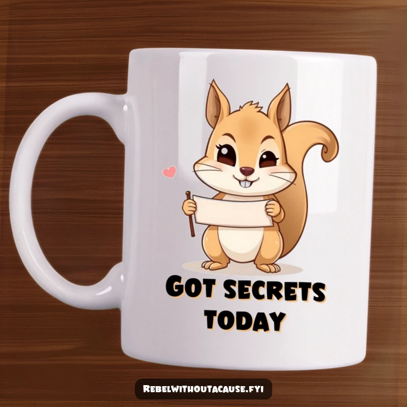 Funny mischievous squirrel mug with a knowing wink, holding a small banner, conveying playful secrets and humorous charm.