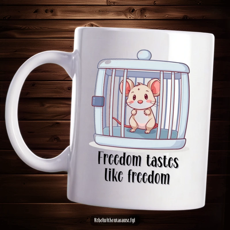 Funny mouse peeking out curiously from an open, empty cage, symbolizing freedom and mischief on a mug.
