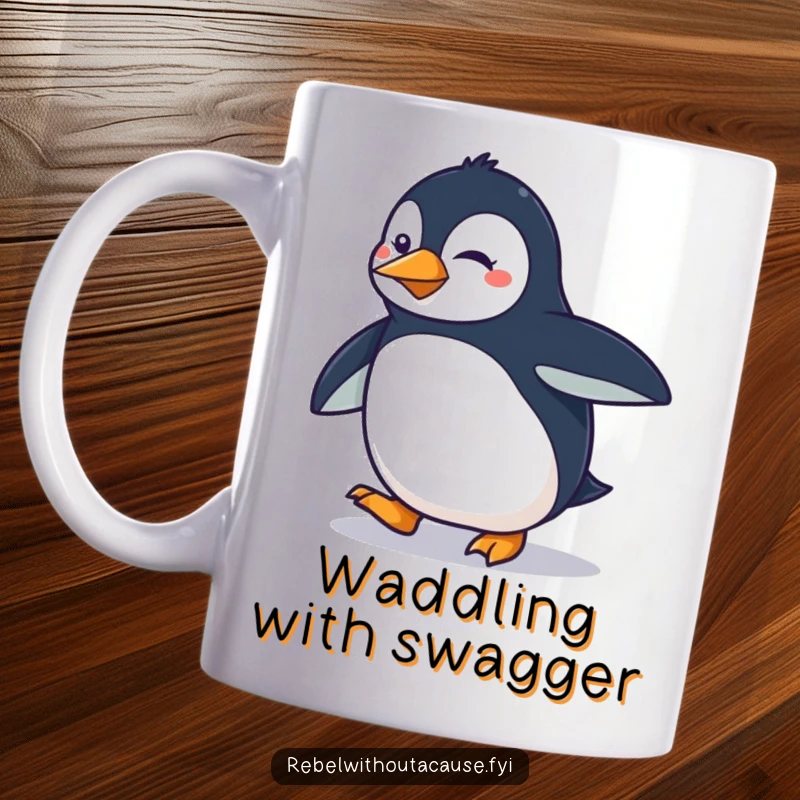 Funny determined penguin doing a smooth, sassy strut on a coffee mug, exuding confidence.