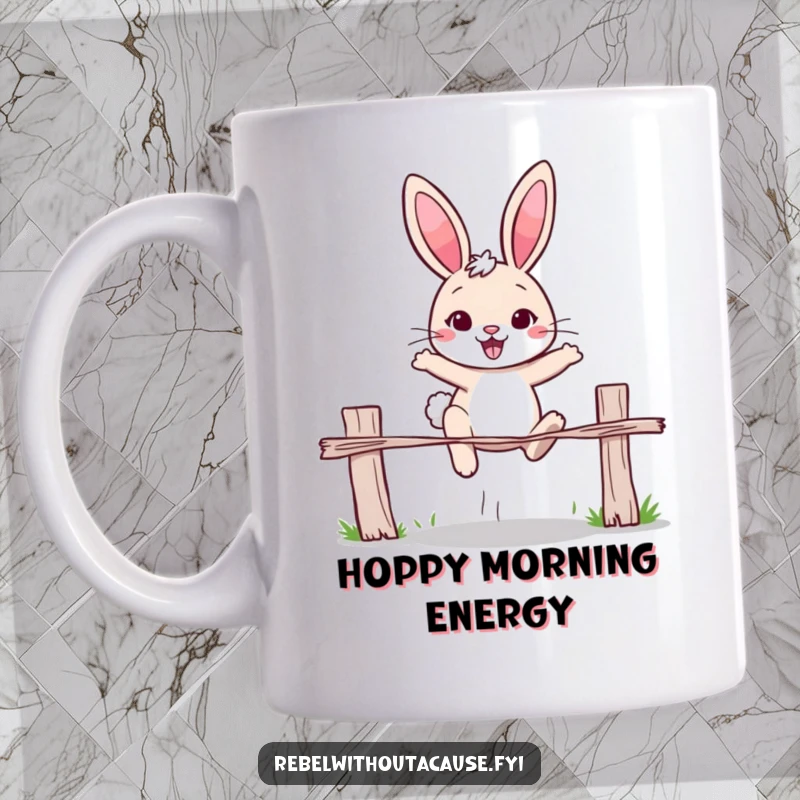 Funny rabbit mug featuring a cheerful rabbit determinedly jumping over a broken fence. Expresses overcoming challenges with humor.