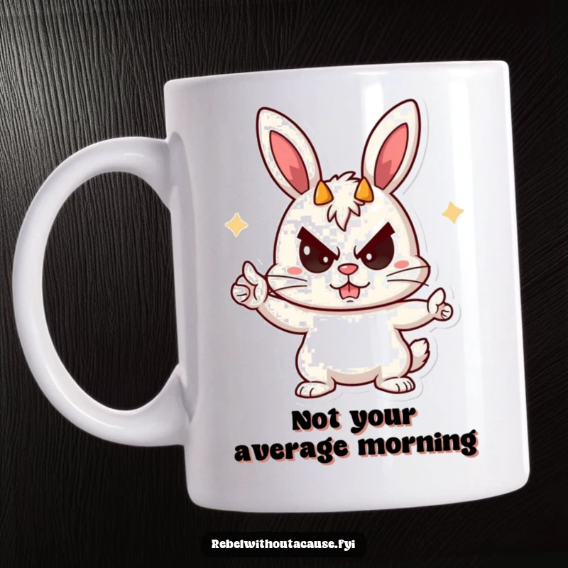 Funny Rebellious Bunny Mug featuring a playful bunny character giving devil horns with a mischievous sneer.