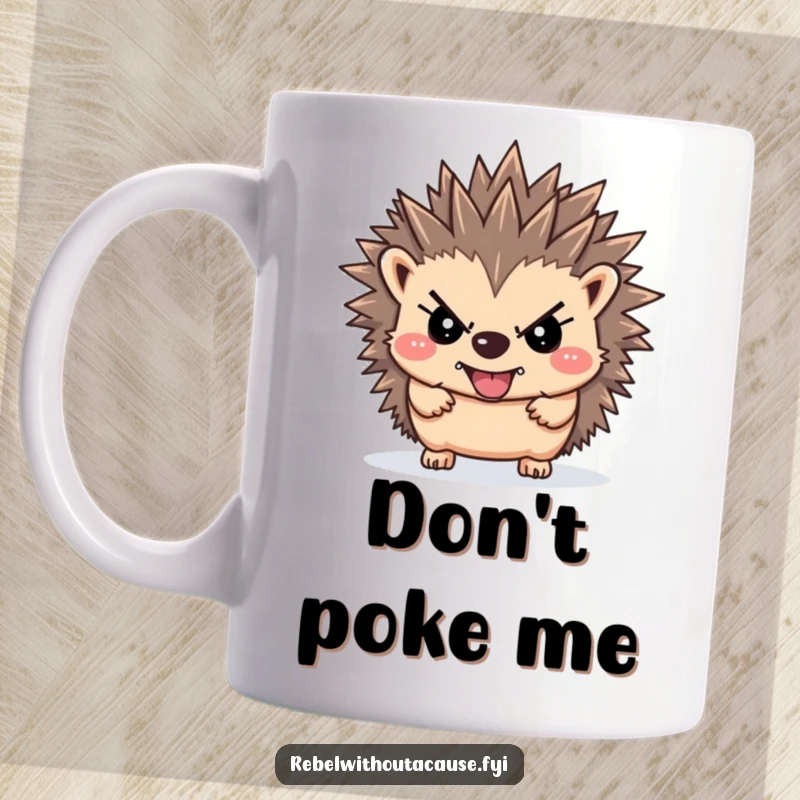 Funny rebellious hedgehog mug with upward-pointing spikes, looking defiant and determined, embodying a strong and unyielding spirit.