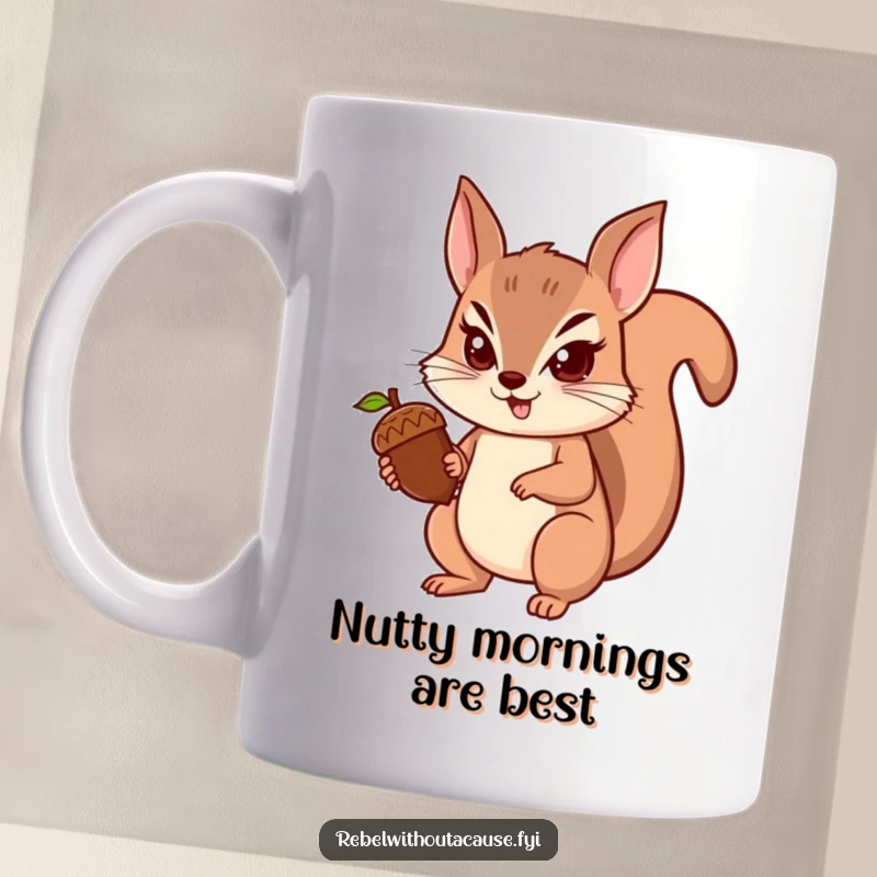 Funny squirrel mug featuring a spunky squirrel with a determined look, holding a single, defiant acorn, embodying focus, a funny gift.