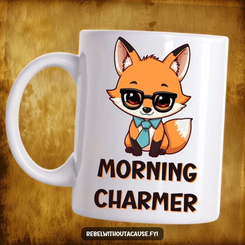 Funny mug featuring a jaunty fox wearing a loose tie and a swagger, looking charming and ready for the day.