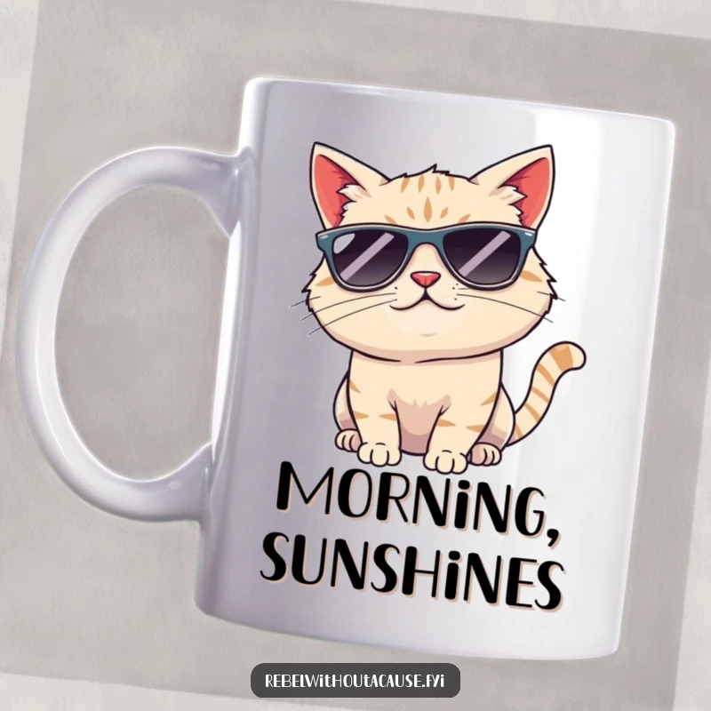 Funny cool cat mug with a cat wearing sunglasses, tipping its head with a confident smirk, radiating laid-back charm and humor.