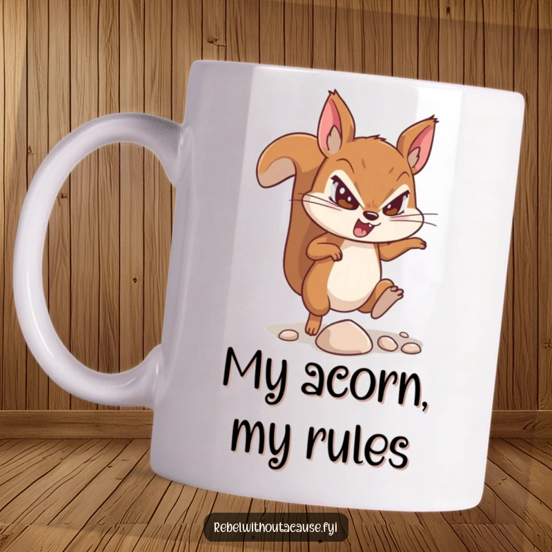 Funny mug showcasing a determined squirrel character with a fierce look, kicking a small pebble with all its might.