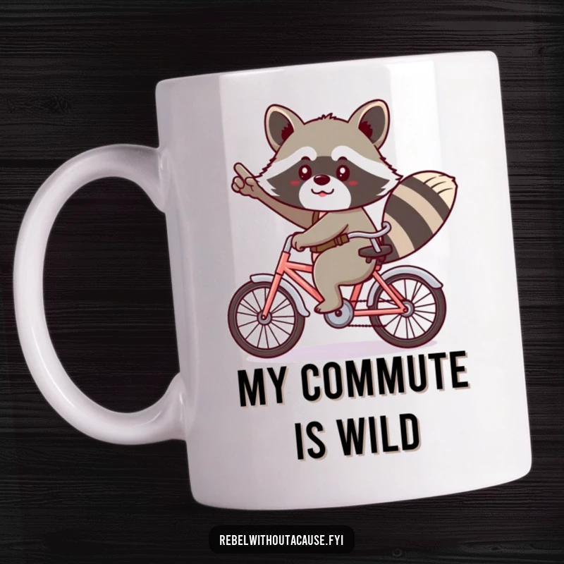 Funny kawaii raccoon giving a cheeky salute, riding a tiny bicycle backwards on a coffee mug.