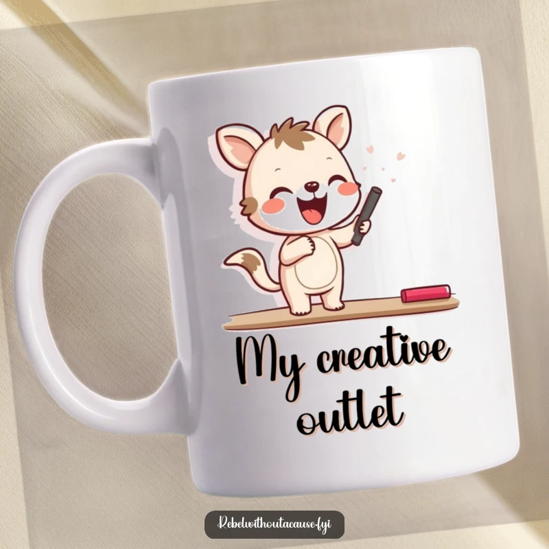 Funny mug with a joyful animal character happily scrawling with chalk on a blank wall, celebrating creative freedom.