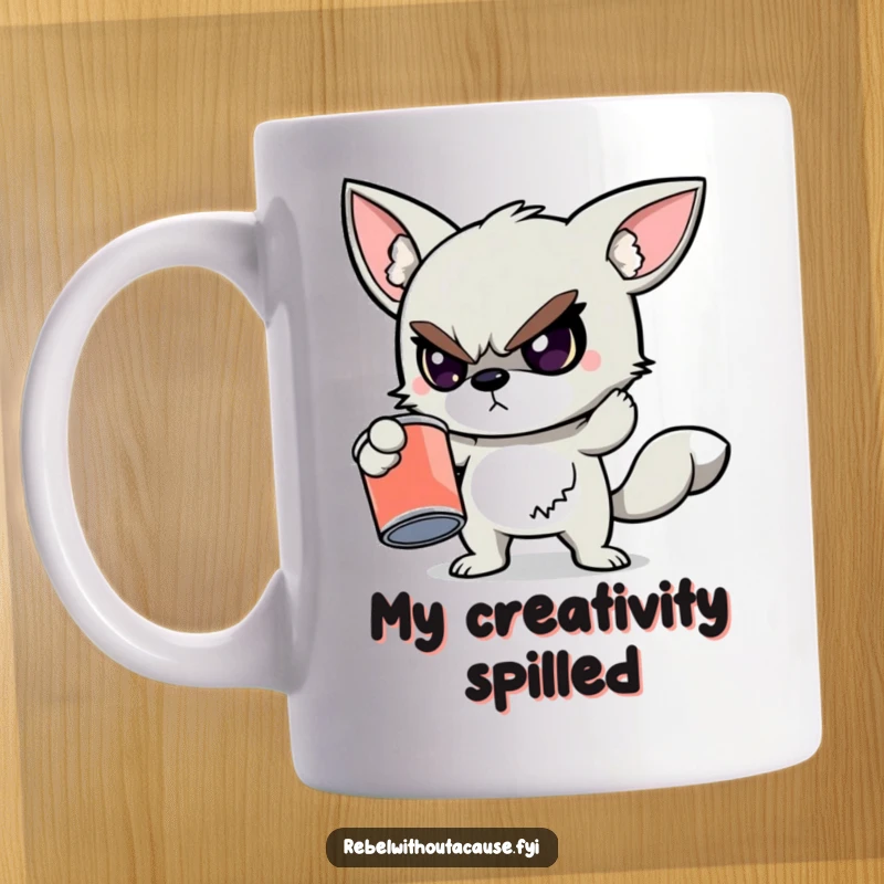 Funny mug with a defiant animal character holding a cracked, empty paint can, symbolizing artistic struggle and rebellious spirit.