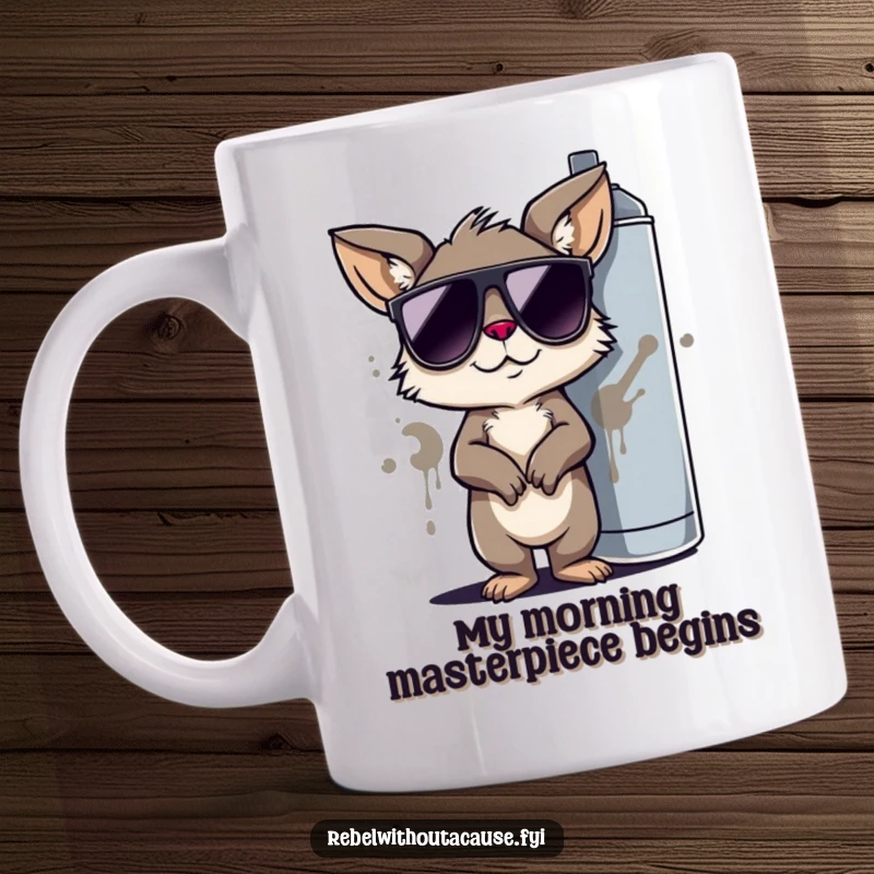 Funny Cool Animal Mug with Sunglasses, Leaning on Graffiti Spray Can, Exuding Street Art Style and Humor.