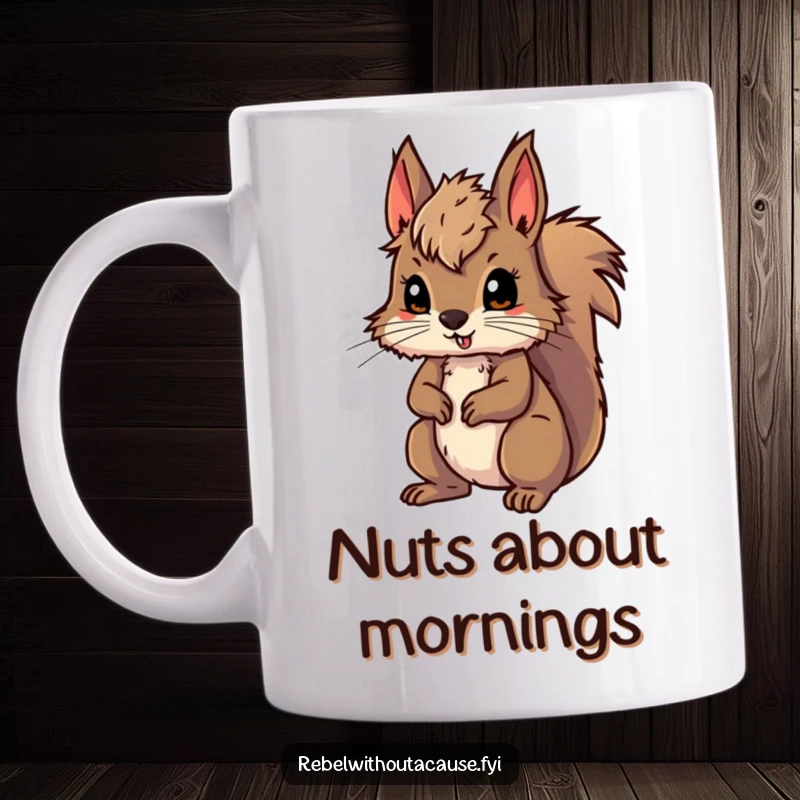 Funny mug featuring a wild squirrel with messy fur, looking ready for an adventure, embodying a playful and energetic spirit, a great funny gift.