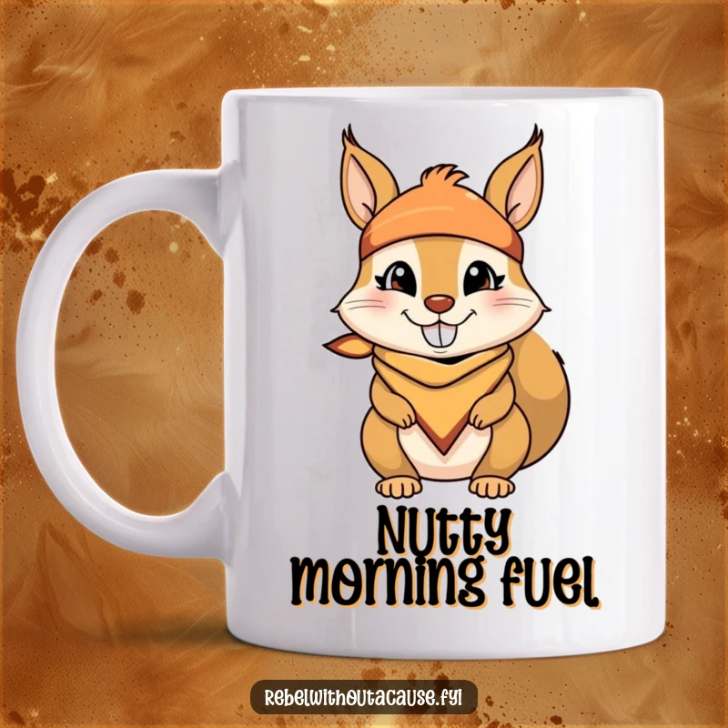 Funny mug featuring a mischievous squirrel wearing a bandana and a cheeky grin, ready for a nutty adventure.