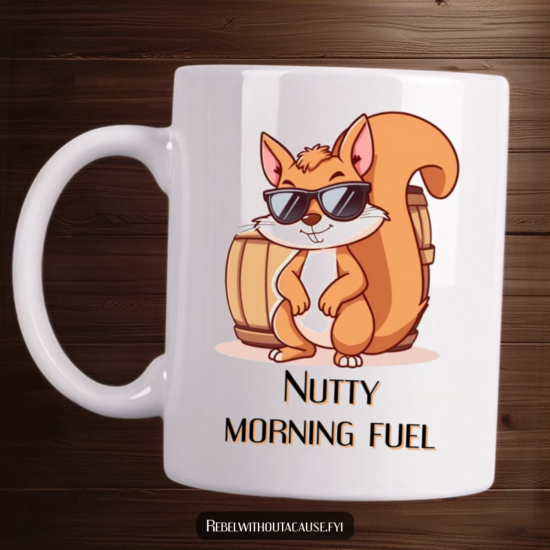 Funny squirrel mug featuring a mischievous squirrel wearing sunglasses and smirking, leaning against a barrel. Sly and cool attitude.