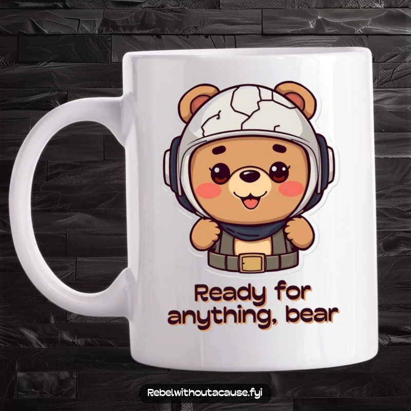 Funny mug of a cheerful bear character wearing a cracked helmet, looking enthusiastic and ready for any situation.