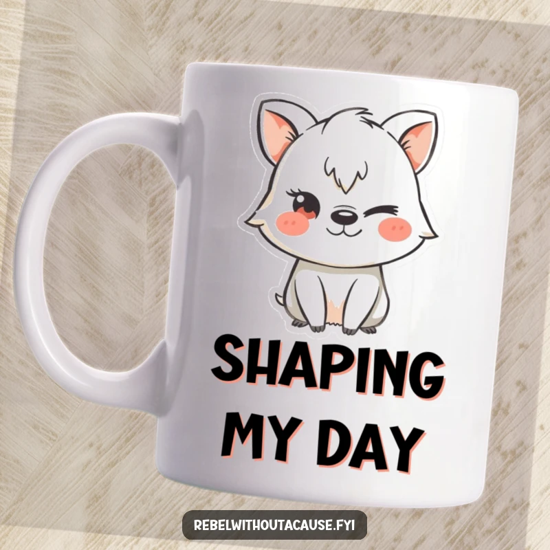 Funny mug with a mischievous animal character using a chalk stencil and giving a knowing wink, suggesting secret fun.