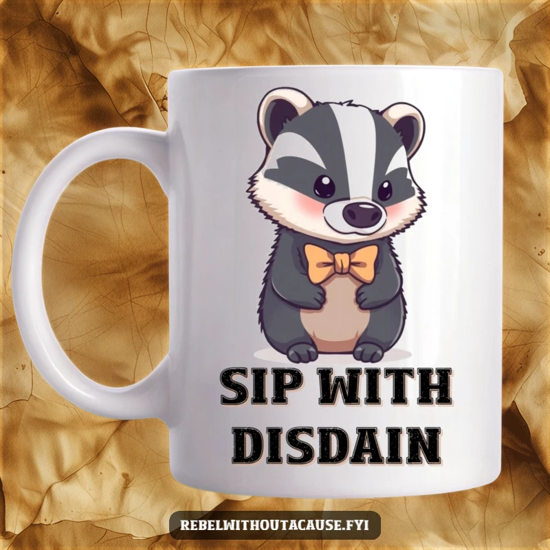 Funny mug featuring a bold badger wearing a tiny, crooked bowtie, looking aloof, embodying sophisticated humor, a great funny gift.