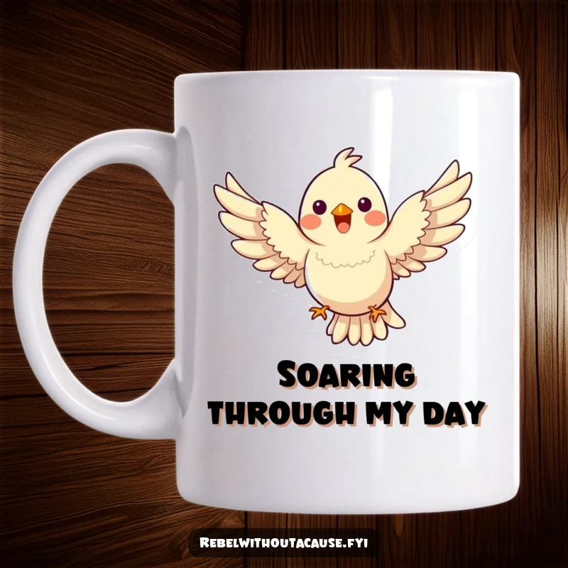 Funny Happy Bird Mug, a cheerful bird flying with wings spread wide, appearing to defy gravity, great funny gift.