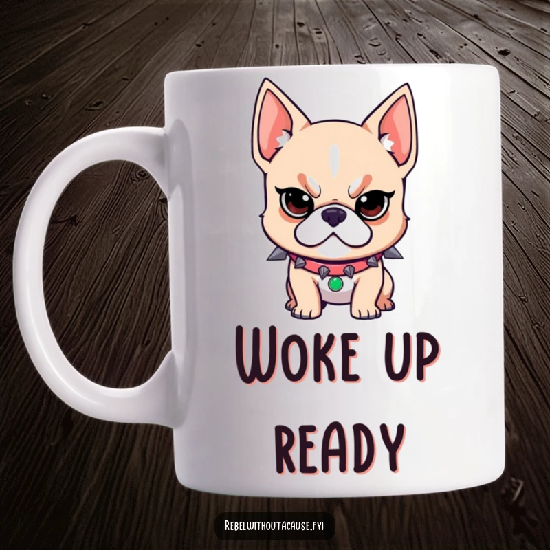 Funny mug featuring a rebellious dog wearing a spiked collar and a determined look, ready to face the day.