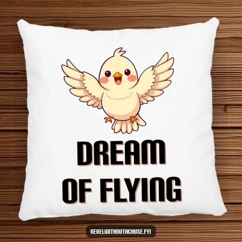 Funny Bird Pillow with a happy bird flying with wings spread wide, defying gravity, cute funny gift.