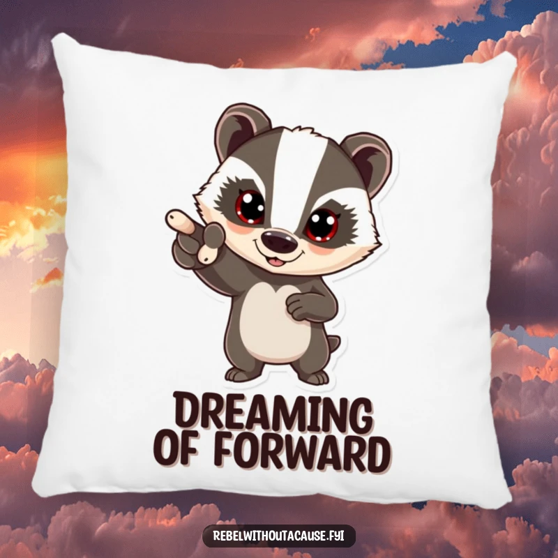 Funny bold badger pillow featuring a confident badger pointing forward, perfect for adding comfort and a touch of brave humor.