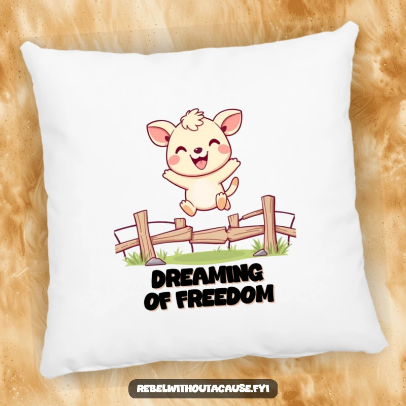 Funny pillow with a cheerful animal character joyfully jumping over a broken fence, offering comfort and a touch of happiness.
