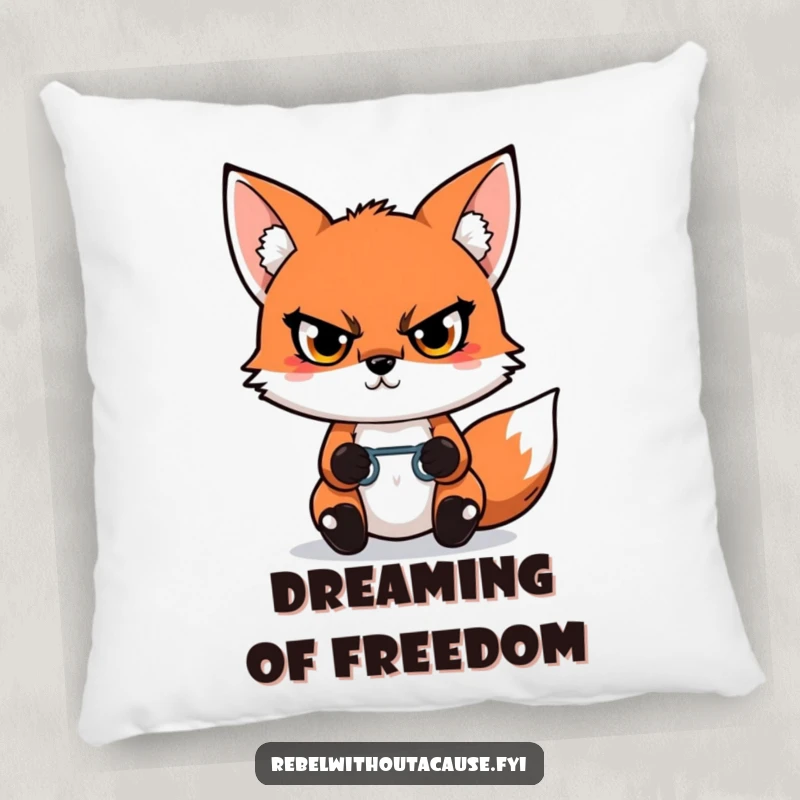 Funny Kawaii Fox Pillow with a defiant fox glaring, holding a broken chain link, bringing comforting symbols of strength.
