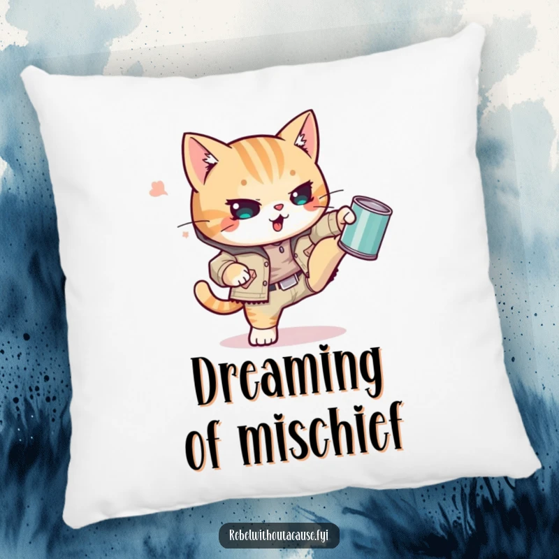 Funny Kawaii Cat Pillow featuring a tough punk kitty in ripped clothing, defiantly kicking a tin can with adorable, rebellious feline style.