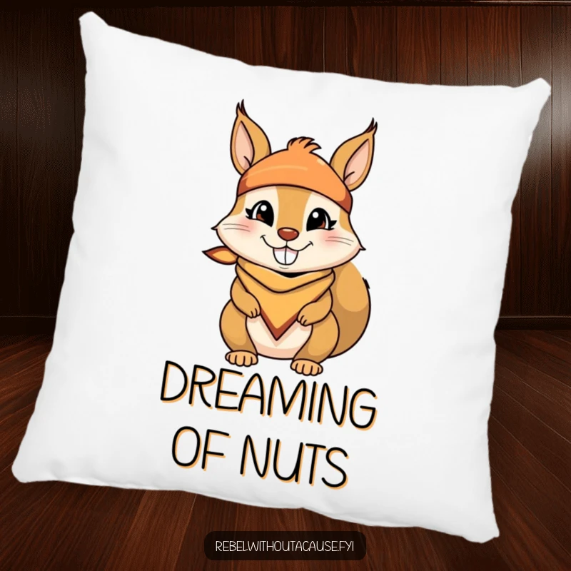 Funny throw pillow with a mischievous squirrel sporting a bandana and a cheeky grin, adding a touch of playful character to home decor.