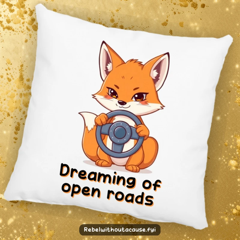 Funny pillow with a sly fox holding a detached steering wheel, ideal for adding a humorous and comfortable touch to your couch.