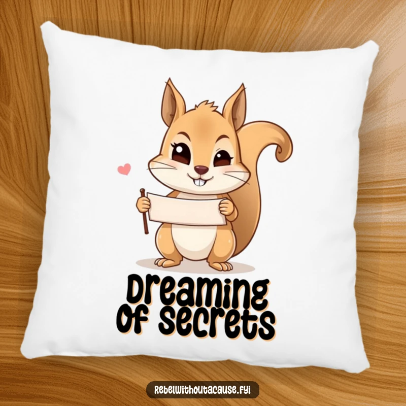 Funny mischievous squirrel wink pillow featuring a squirrel holding a banner and giving a knowing wink, adding comfort and playful charm.
