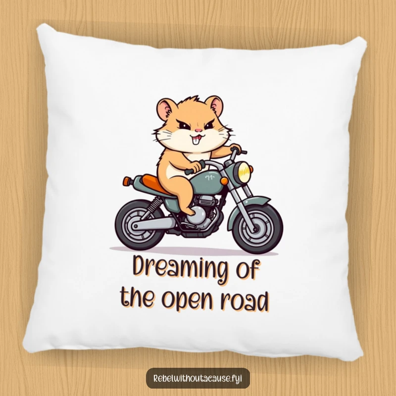 Funny Hamster Motorcycle Pillow: A determined hamster character rides a tiny motorcycle, sporting a resolute grin, perfect for comfort.
