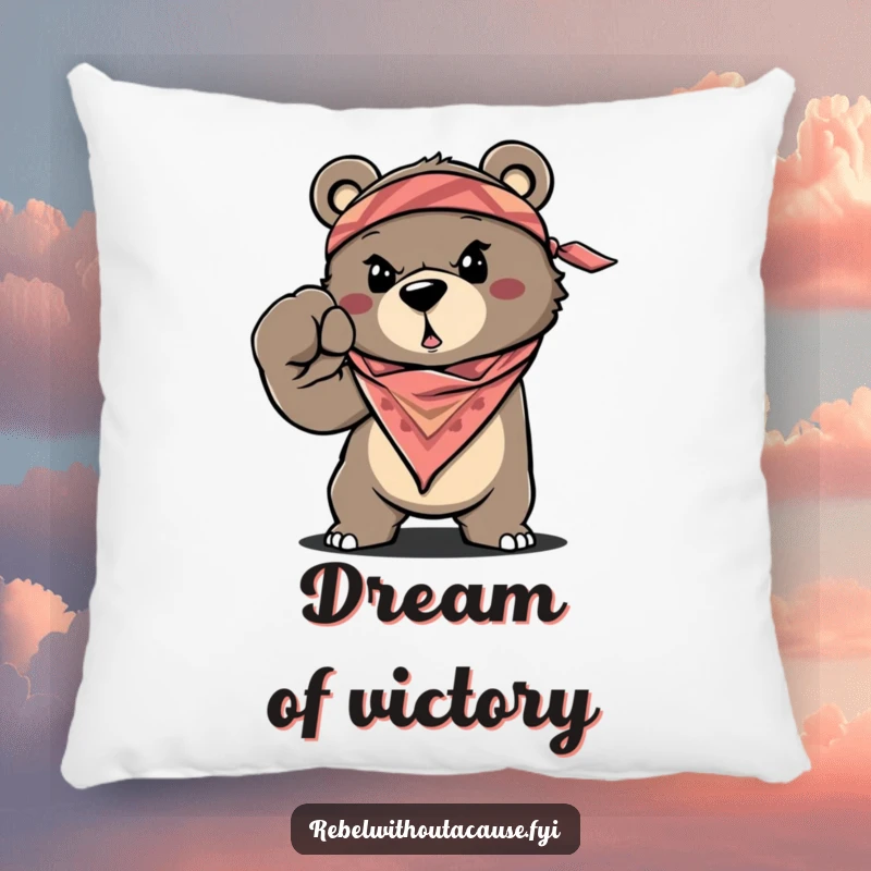 Funny Bear Pillow with a determined, bandana-wearing bear throwing a fist, cute funny gift.